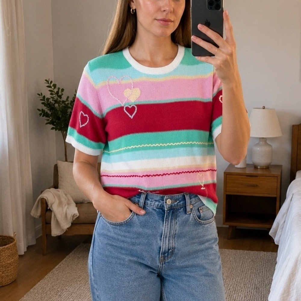 Vintage Breckenridge Sweater L Multicolor Striped Heart Embroidered Valentines